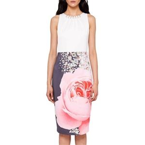 Ted Baker Floral Rubelle Blenheim Palace Ruched Faux Pearl Detail Midi Dress XS